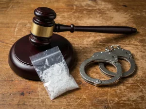 A judge’s gavel on a wooden surface next to handcuffs and a sealed plastic bag containing a crystalline substance