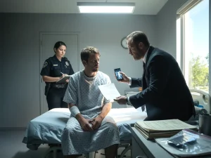 Detective questioning a man in a hospital gown while a police officer takes notes in a hospital room