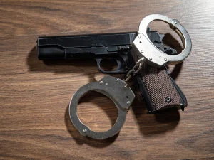 Handcuffs on a handgun on a wooden table, representing a Florida sentencing enhancement case