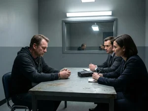 Man in handcuffs sitting at a table during police questioning