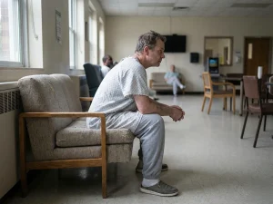 Man in a mental hospital gown sits in a waiting room, representing probable cause issues in an involuntary commitment hearing