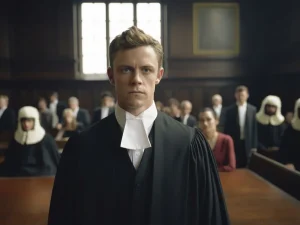Young barrister in robe stands before crowded courtroom, symbolizing focus on clear instructions guiding jurors