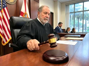 Judge holding a gavel above a sounding block in a courtroom setting, representing a probation violation ruling