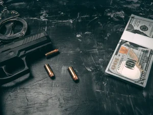 Handgun bullets and stack of hundred dollar bills on dark table symbolizing theft and criminal charges
