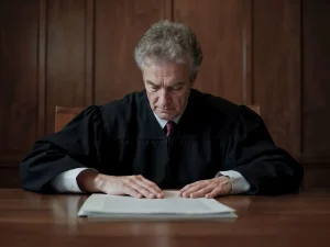 Senior judge in black robe reviewing paperwork during hearing about probation breach in Florida