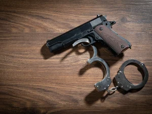 Handgun and handcuffs on a wooden table, illustrating firearm enhancement evidence in Florida court