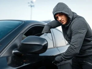 Man in a hoodie breaking into a car, representing Florida theft charges and guilty pleas
