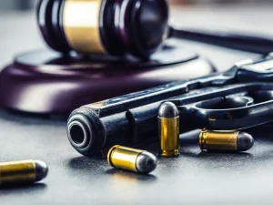 Handgun and loose bullets near judge gavel symbolizing Florida weapons offense sentence review dispute