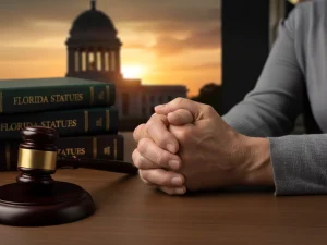 Judge’s gavel and Florida Statutes law books on a desk, with clasped hands and a capitol building silhouette at sunset