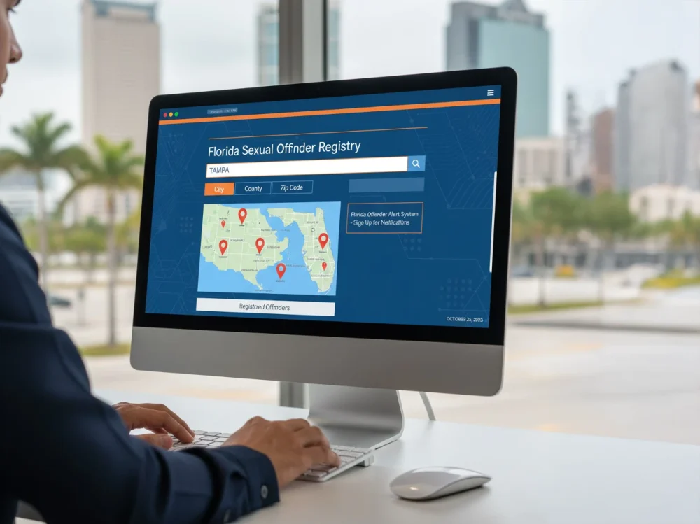 Tampa Florida sex offender registry map search Person using a desktop computer to search the Florida sexual offender registry for Tampa on an online map