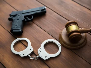 Handgun and handcuffs next to a judge’s gavel on a wooden table