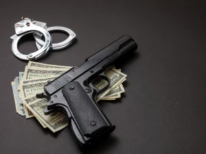 Handgun, handcuffs, and cash on dark table symbolizing crime and sentencing in Florida