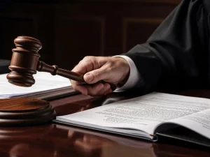 Judge in robe holding gavel beside law book, symbolizing review of DUI manslaughter and vehicular homicide case