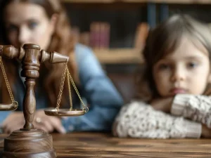 Wooden scales of justice on table before worried mother and child, symbolizing court refusal to reopen judgment